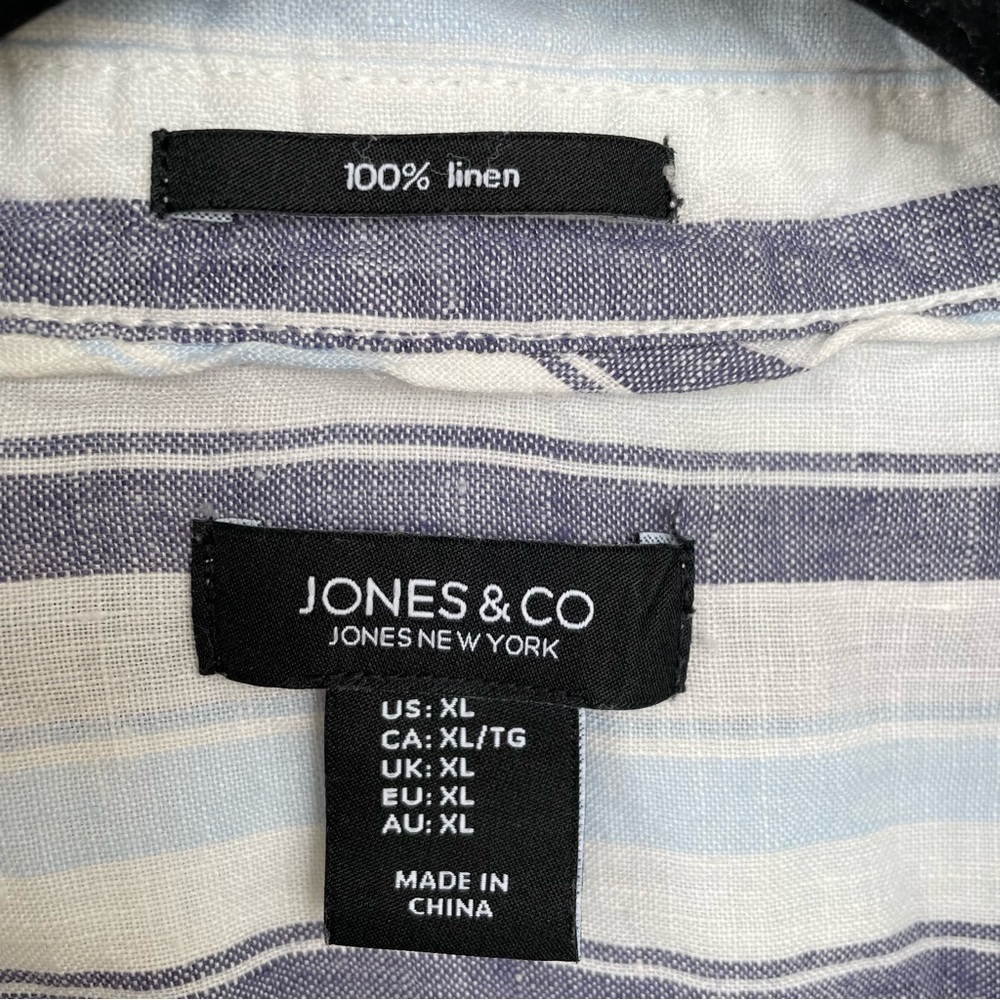 JONES NEW YORK Linen Striped Button Front Blouse White Blue XL - Picture 9 of 11